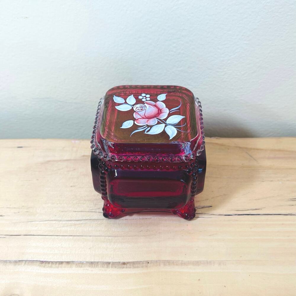 Vtg 78' Westmoreland Lid Red Glass Trinket Box Vanity Hand-Painted Signed Footed